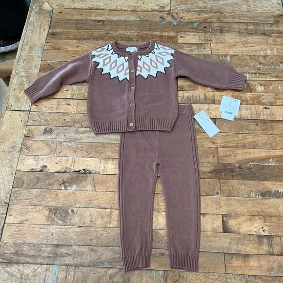 Grayson Other - Grayson mini Baby Brown Fair Isle Knit Cardigan Sweater & Pants 2-Piece 18M NWT
